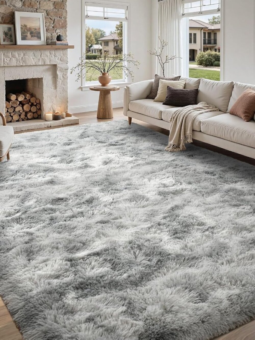 5x8 ft Rug for Living Room Fluffy Grey White Shag Rug Non-Slip Area Rugs Carpet